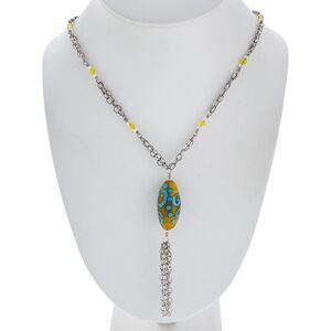 Multi Strand Silver Tone Yellow Blue Glass Bead Tassel Statement Necklace 28"